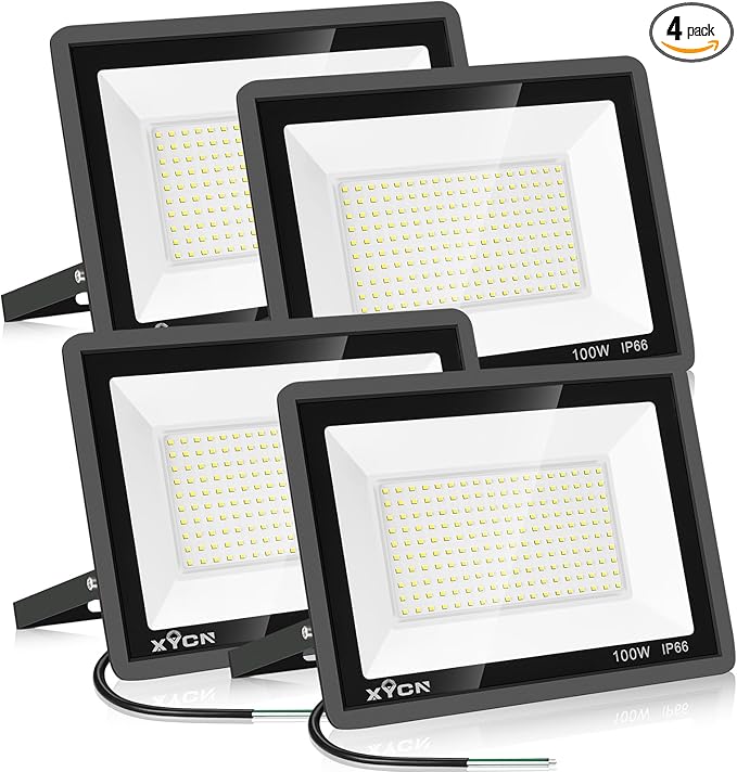 XYCN 4 Pack 100W LED Flood Light, IP66 Waterproof Outside Flood Light, 12500LM Super Bright Outdoor Security Lights, 5000K Daylight White Floodlight for Yard Garden Playground Basketball Court Patio