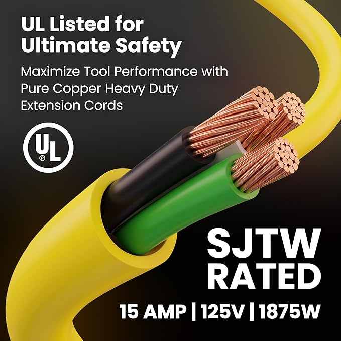 GEARit 100 Ft Extension Cords 10/3 Gauge Outdoor/Indoor SJTW 10 AWG 3 Prong Heavy Duty Power Cable 15A 125V 1875W for Lawn, Garden, Appliances Yellow