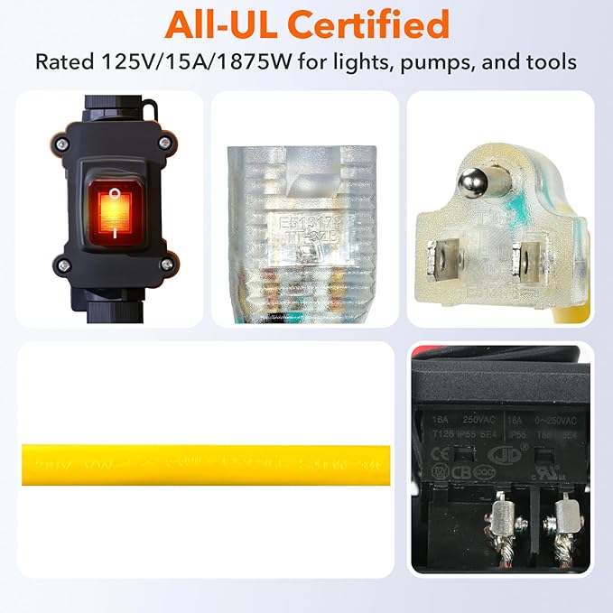 Heavy Duty Extension Cord with On/Off Switch, Outdoor Waterproof Inline Power Switch (Hook Mount, LED Indicator), All-UL Listed (Plug/Switch/Cable), 14/3 AWG SJTW, 125V/15A/1875W, 3-Pronged, 1.5FT