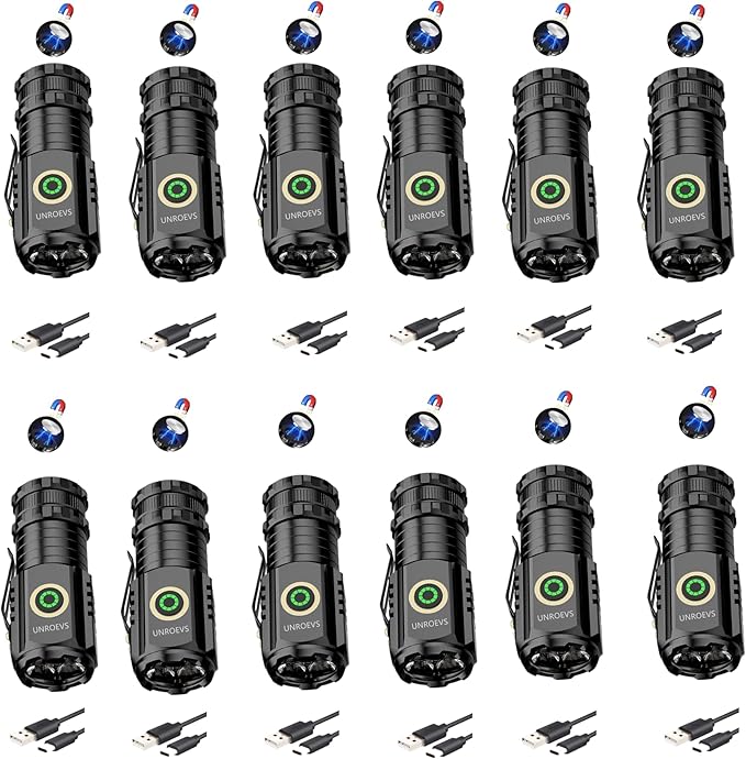 UNROEVS Mini Flashlight 2550 Lumens Rechargeable USB C Charging, Small Flashlights High Lumens 5 Modes, Pocket Light with Clip, Magnetic Flash Light for EDC,Camping, Hiking,Emergency (12 Pack)