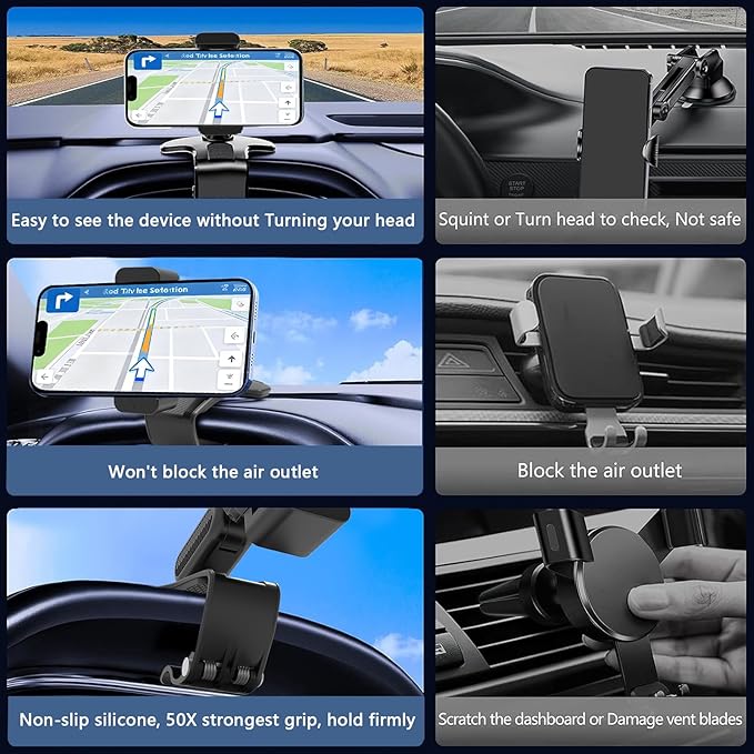 Universal 360 Dashboard Phone Holder, Easily Adjustable No-harm Clip Design Phone Mount for Car Compatible with All 4-7 Inch Smartphones