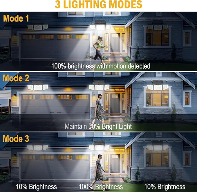 daphino 2500LM Solar Lights Outdoor with Motion Sensor,3 Head 270° Wide Angle Street Area Lights,IP65 Waterproof Security Lighting with 3 Modes(Remote,2 Pcs)