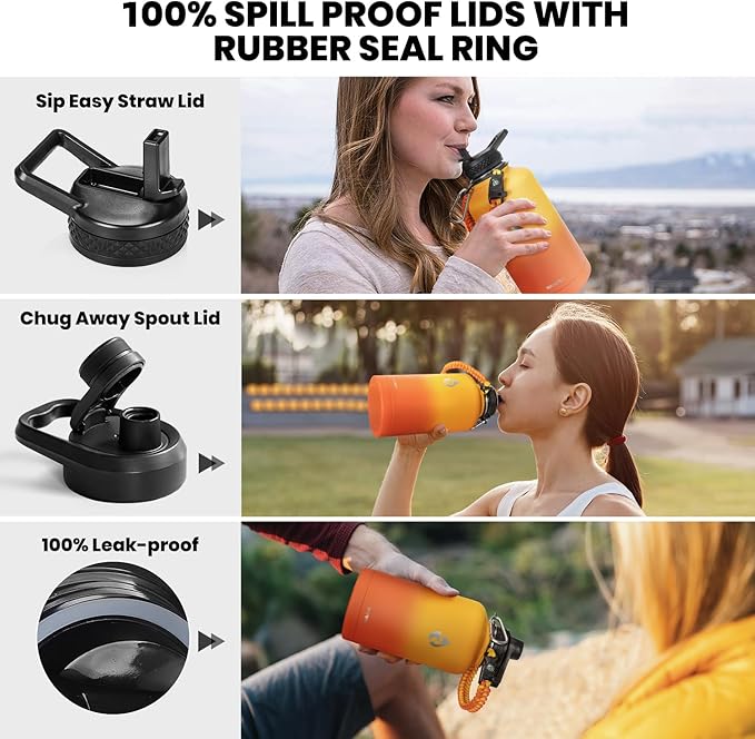 RAYMYLO One Gallon Water Bottle Insulated, Triple Walled Vacuum Stainless Steel (Cold for 48 Hrs), Leak Proof & Non-BPA, Large Water Flask Jug with Paracord Handle & Straw Spout Lids