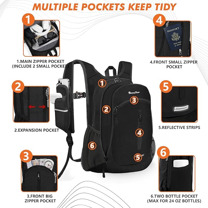 Seektop Small Hiking Backpack Expandable 12L-15L, Lightweight Packable Waterproof Daypack with Phone Pocket for Women Men