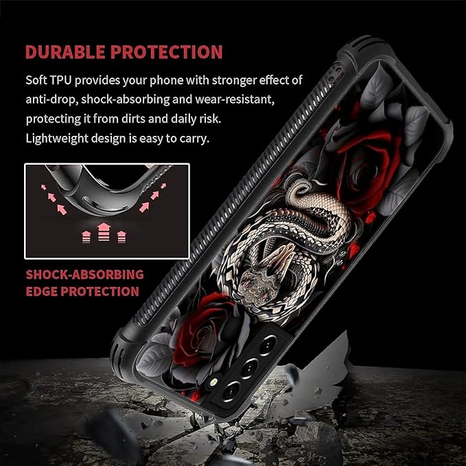 for Samsung Galaxy S21 Case, Entwined Rose Snake Pattern Graphic Design Girl Boy Soft Silicone Hard Acrylic Shock Protection for Samsung Galaxy S21