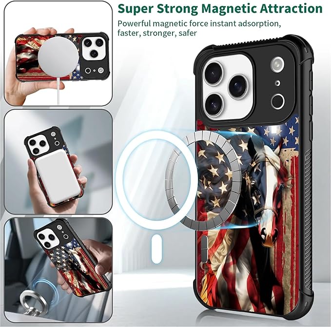 for iPhone 17 Pro Case,for MagSafe Graphic Design for Girl Boy Soft Silicone Hard Acrylic Shock Protection Designed for iPhone 17 Pro Red American Flag Horse Cross Pattern
