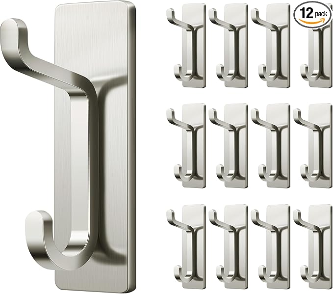 pickpiff Wall Hooks for Coat and Towel: 13LB Strong Adhesive Door Hanger Stick on, Brushed Nickel,12 Pack