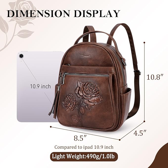 Mini Backpack Purse for Women,Embossed Leather Small Backpack Fashion Travel Backpacks Daypacks Shoulder Handbag (COFFEE-Flower)
