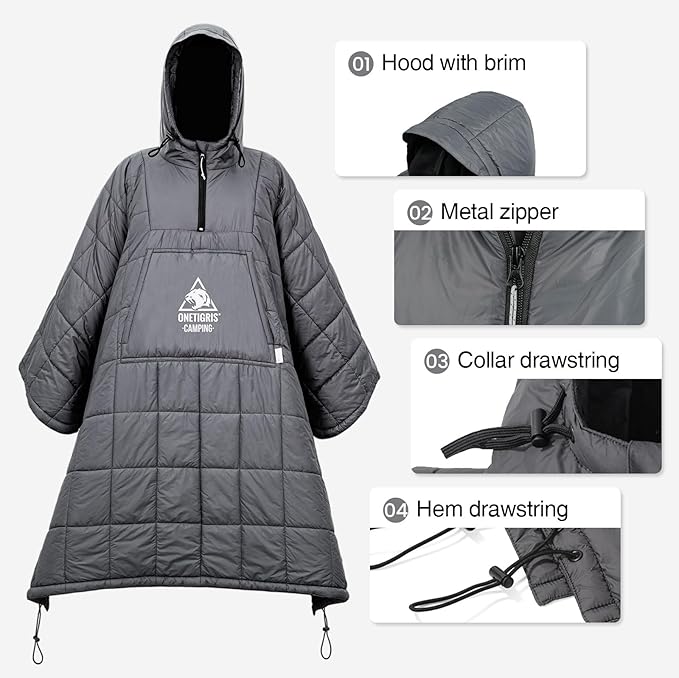 ONETIGRIS Camping Blanket Poncho with with Recycled Synthetic Insulation,Wearable Hoodie Blanket | Ultralight Water-Resistant Warm Camping Blanket for Outdoor, Hiking, Stadium
