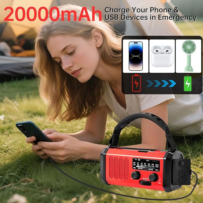 Emergency Radio Hand Crank Solar, AM/FM/NOAA Weather Radio Built-in 20000mah Battery Powered,Type-C Charger,Flashlight, Reading Light,SOS, Compact & Portable for Camping/Emergencies