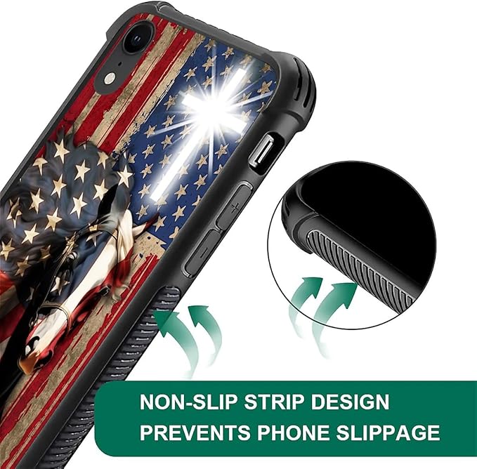 for iPhone XR Case, Red American Flag Horse Cross Pattern Graphic Design Girl Boy Soft Silicone Hard Acrylic Shock Protection for iPhone XR