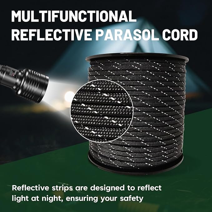 SDHUATUO Paracord Rope 200FT, 550lb Type III Nylon Parachute Cord 7-Strand Core with Reflective Strips, Utility String for Survival, Camping Gear, Hiking, DIY, Crafting, Outdoor, Black