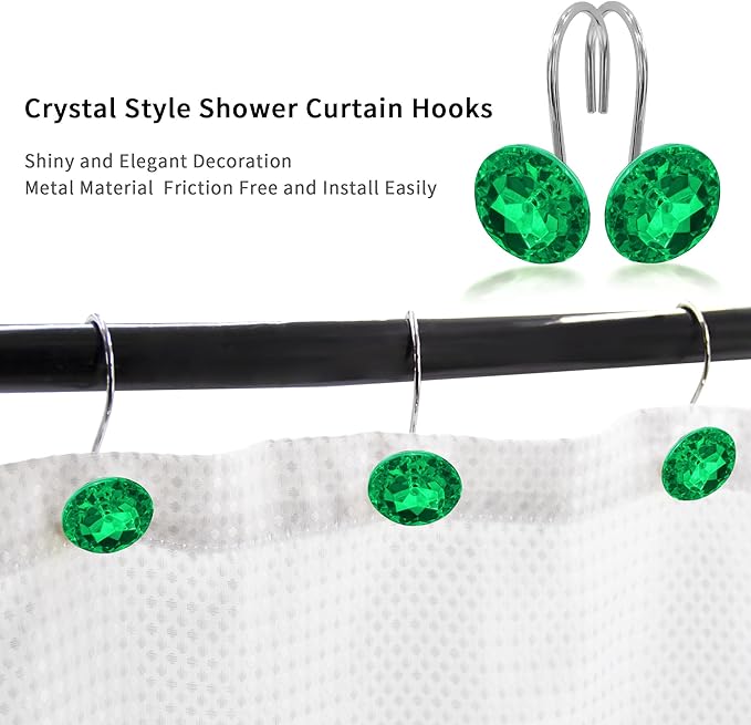MitoVilla Green Shower Curtain Hooks Rings, Metal Shower Hooks for Emerald Green Shower Curtain & Liner, Rust Proof Shower Rings for Bathroom Shower Rod, 12 Pack Bathroom Set