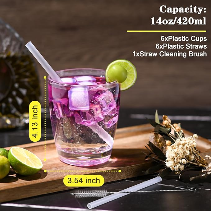 6 Pcs Plastic Drinking Tumblers of 14 oz, Acrylic Drinking Glasses with Straw&PP Brush, BPA-Free, Stackable Water Cups, Clear Cups for Juice, Wine (14 oz-6 pcs)