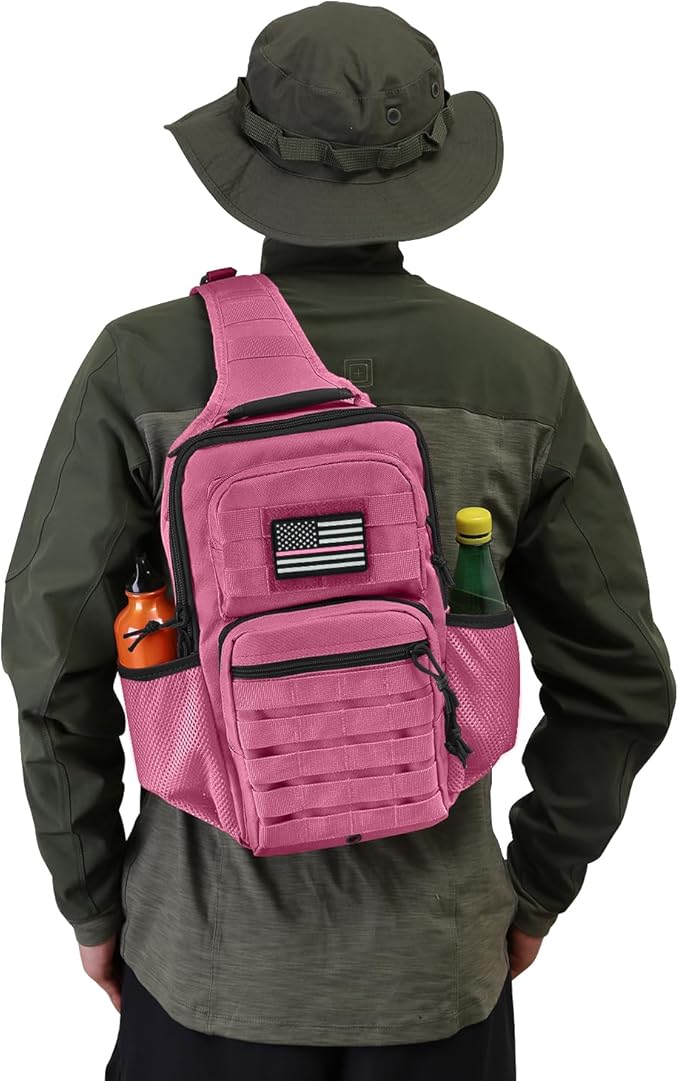 Rover Sling Pack Tactical Shoulder Sling Bag Backpack with Bottle Holder Crossbody Chest Bag, Pink