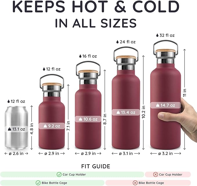 Bambaw 32 oz Water Bottle Insulated, Stainless Steel Water Bottle 32 oz, Keeps Drinks Cold 24h and Hot 12h, Easy to Carry with Handle, Reusable, Lightweight and Durable (Red Berry)