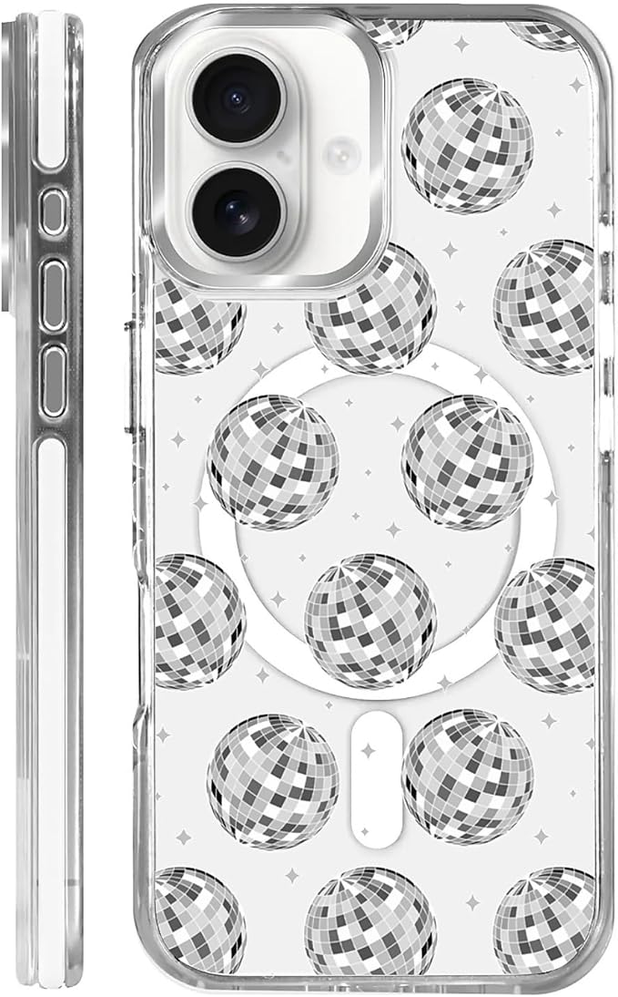 Case for iPhone 16 Plus,[Compatible with MagSafe],Disco Ball Grayish White Phone Case Design，for Women Girls Magnetic Clear Cover - Slim, Sleek, & Shockproof Protection