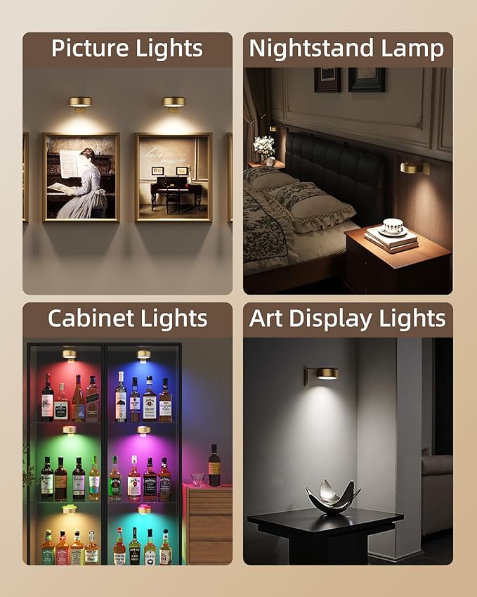 EZVALO Picture Lights for Wall, 2000mAh Rechargeable Battery Magnetic Poster Lights with 3 Color Temps & 12 RGB, Remote Dimmable Timer Painting Light, Wall Decor Light for Art Display, Frame (6 Pack)