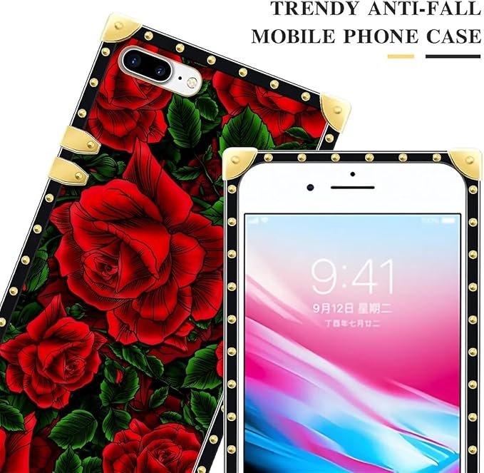 Compatible with iPhone 8 7 SE Case, Vector Red Rose Green Leaf Luxury Golden Decoration for Girl Women Soft TPU Shockproof Protective Hard PC Back for iPhone 8 7 SE