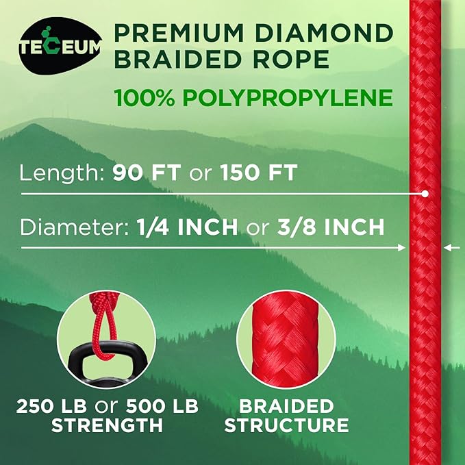 TECEUM Rope – 90 Feet x 3/8 Inch (10mm) – Red – Strong All-Purpose Utility Rope – Camping, Crafting, Flag Pole, Indoor & Outdoor – Polypropylene Nylon Poly Lightweight Diamond Braided Cord