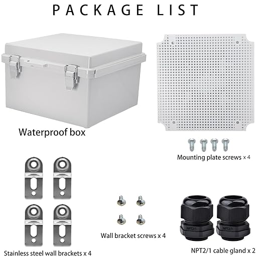 Waterproof Electrical Box with Mounting Plate, IP67 Junction Box Stainless Steel Latch Hinged Grey Cover Project Enclosure with Wall Bracket and 2 Glands 8.3" x 8.3" x 3.9"