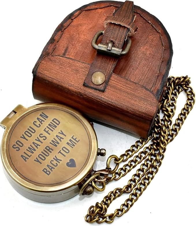 So You Can Always Find Your Way Back Home Engraved Brass Compass with Leather Case & Chain, Vintage Pocket Compass Gift for Men, Husband, Son, Graduation, Hiking, Anniversary, Navigation Compass