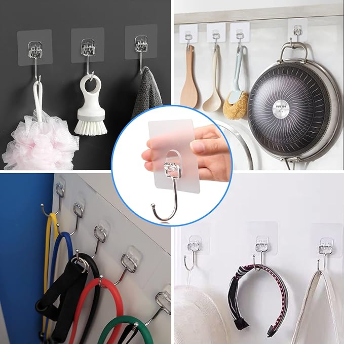 Antimbee 100 Pack Clear Adhesive Hooks, 37lb(Max) Heavy Duty Self Adhesive Hooks, Sticky Wall Hooks with No Damage and Quick Assembly, Waterproof Bathroom Kitchen Wall Accessories Hanger and Holder