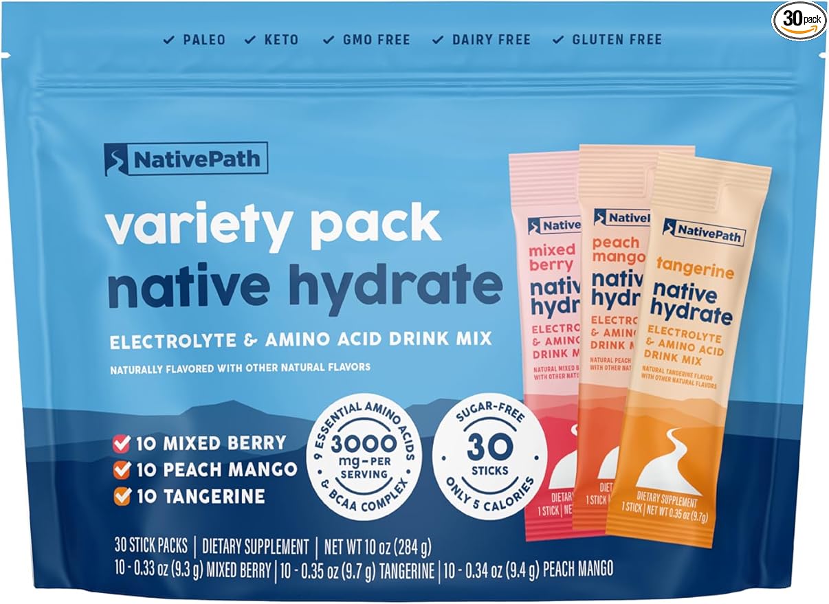 NativePath Hydrate Stick Packs with Electrolytes and Amino Acids, Variety Pack, Mixed Berry, Peach Mango, Tangerine, 30 Servings