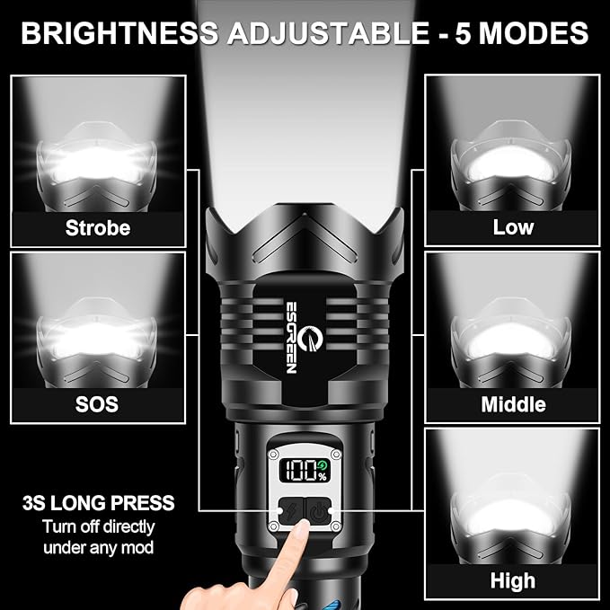 Super Bright Flashlight High Lumens 100000 Rechargeable, Strong 50W LED, Big 8.54” Length, Adjustable 5-Mode, Dual Buttons, Long Lasting 15H, Quick USB C Charge, LCD Display & Output, for Hiking Home