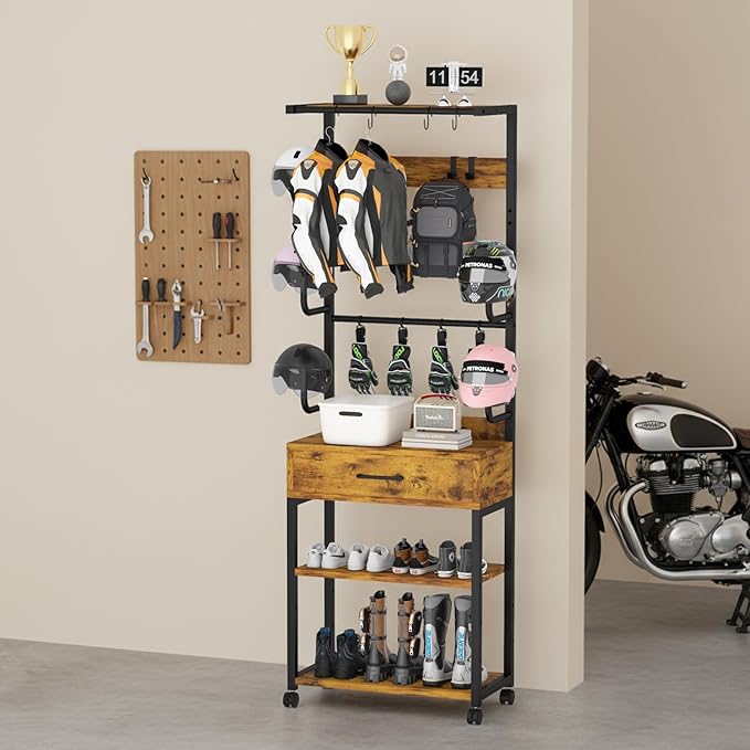 Kikihouse Freestanding Floor Mounted Helmet & Gear Storage Rack, Adjustable Organizer with Glove Clips, Hooks, Drawer & Shoe Shelf for Motorcycle, Cycling, Skiing Equipment