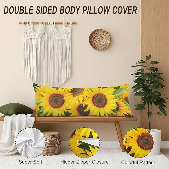 Sunflower Body Pillow Cover Yellow Sunflowers Field Decorative Body Pillow Covers Long Pillow Cushion Case Zipper Body Pillowcase Soft Cushion Cover for Bedding,Couch,Home 20"X54"
