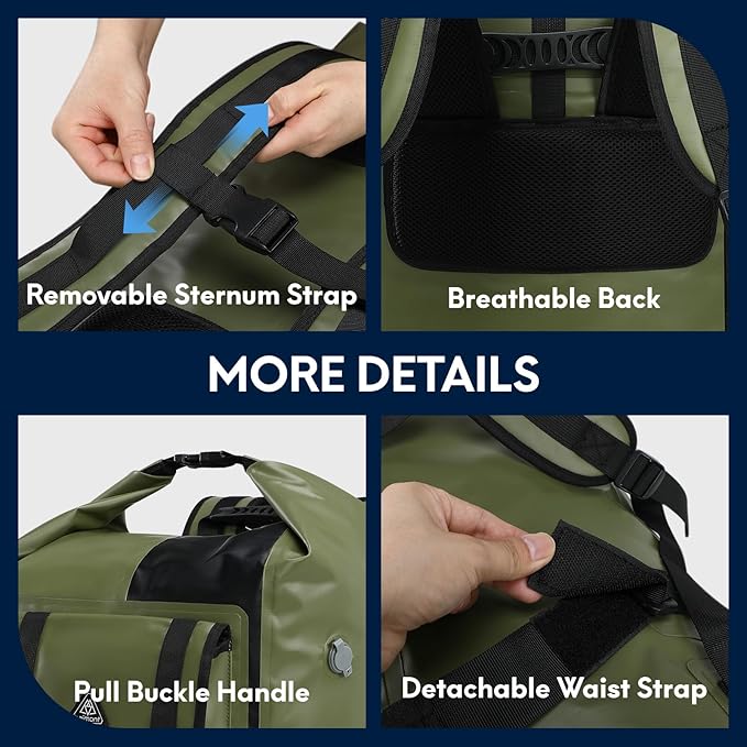 Haimont Waterproof Dry Backpack IPX7 Roll-top Dry Large Marine Dry Bag for Men Kayaking Rafting, 100L, Army Green/Black