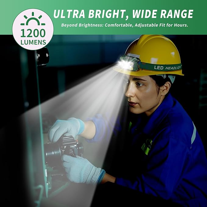 Headlamp Rechargeable LED, 800 Lumens with Red & White Light, 8 Modes, Motion Sensor, USB-C Charging, IPX4 Waterproof (1, Green)