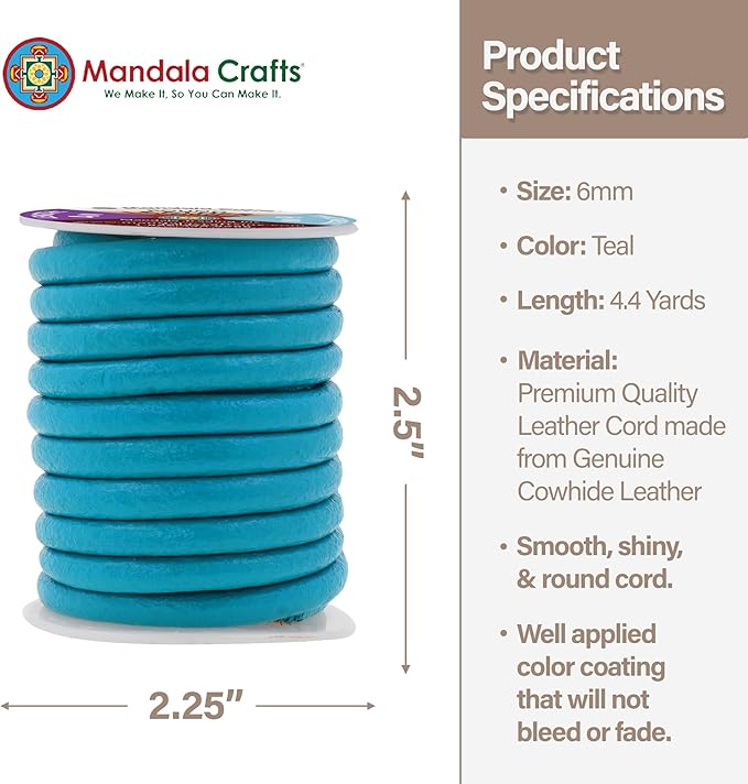 Mandala Crafts Round Genuine Teal Leather Cord for Jewelry Making – 6mm Cowhide Leather Rope String Lace for Kumihimo – 4.4 Yards Cowhide Craft Cording Spool