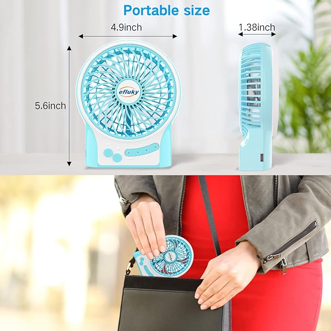 efluky 3-Speed Mini Desk Fan with LED Light, Portable USB Fan Quiet for Home, Office, Travel, Camping, Outdoor, Indoor, 4.9-Inch,Blue