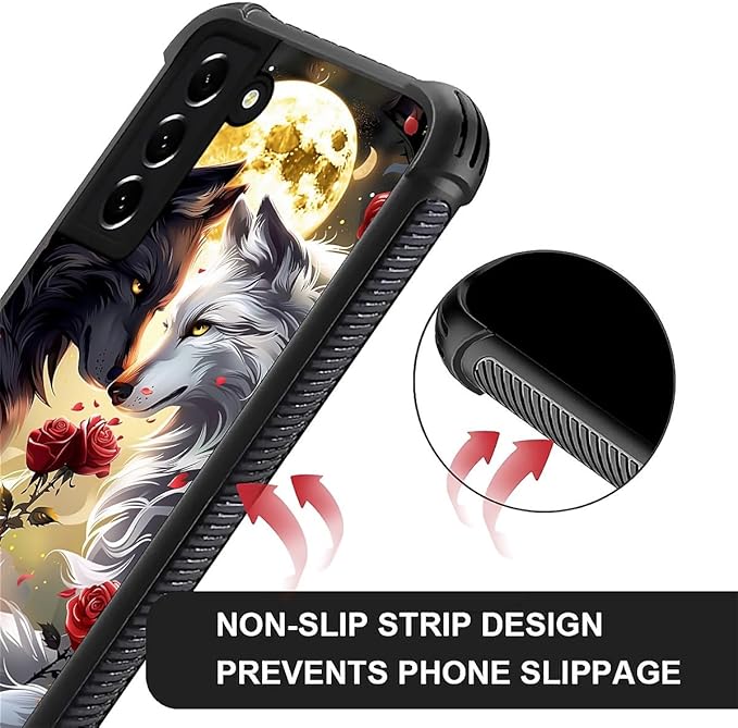 for Samsung Galaxy S21 Case, Black White Wolf Moon Flower Rose Pattern Graphic Design Girl Boy Soft Silicone Hard Acrylic Shock Protection for Samsung Galaxy S21