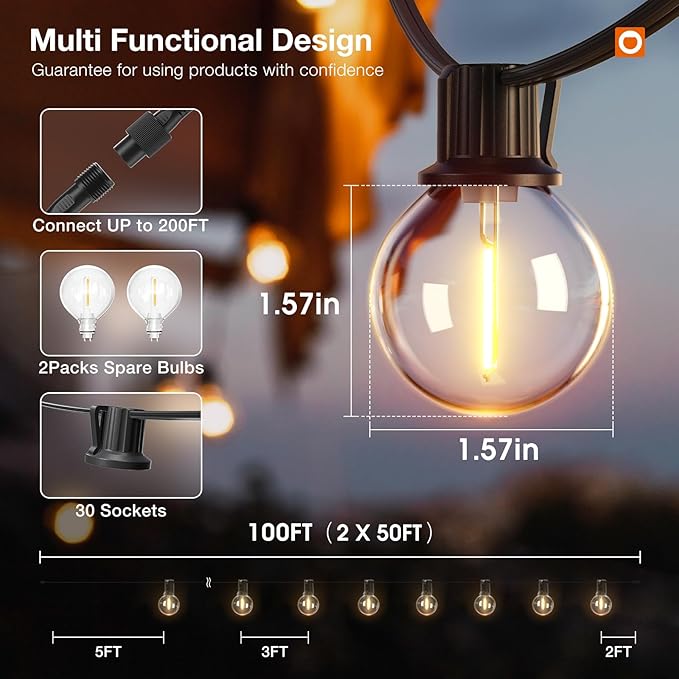 addlon 100FT Outdoor String Lights G40 with Remote Control, Dimmable Patio Globe LED Lights Waterproof Shatterproof, Hanging Outside Lighting for Backyard, Garden, Deck, Balcony, Porch, Café, Bristo