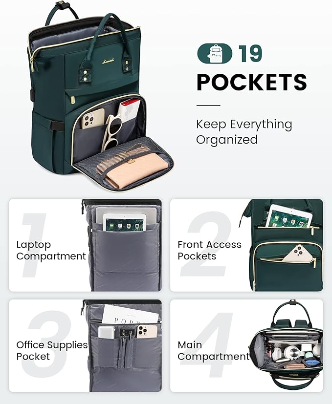 LOVEVOOK 17 inch Laptop Backpack Women, Large Travel Computer Back Pack with USB Charging Port, Anti Theft Backpack for Women Teacher Nurse Work, College Business, Dark Green