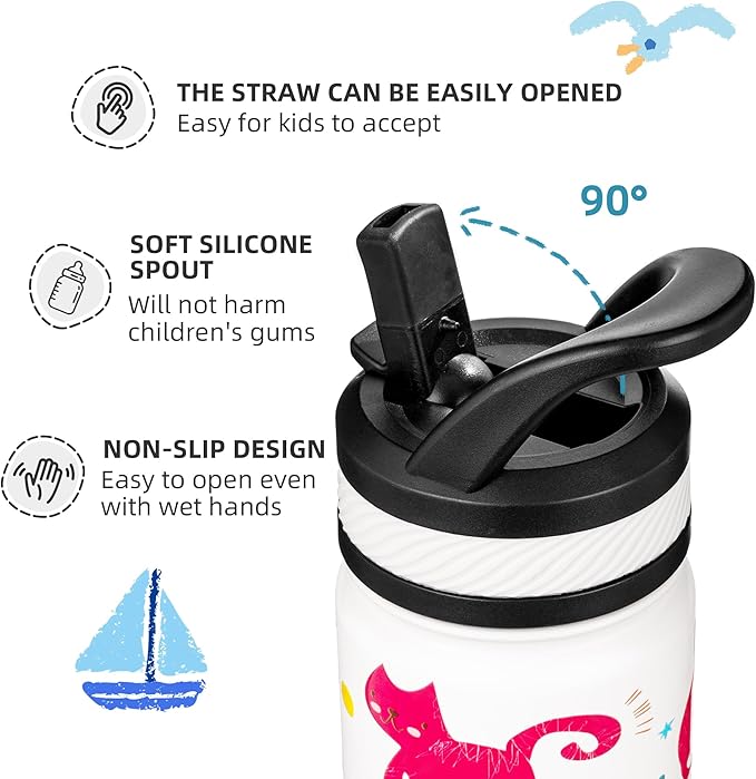 Fanhaw 18 Oz Kids Insulated Water Bottle with Straw - Stainless Steel Double Wall Vacuum Cup, Leakproof, BPA Free, Suitable for Boys and Girls(White - Cats)