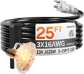 25 ft 16/3 awg 3 Outlet Extension Cord Splitter with Indicator, Waterproof Outdoor Extension Cord with Multiple Outlets, 13A 1625W for Home & Workshop, ETL Listed, Black SJTW