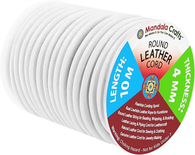 Mandala Crafts Round Genuine White Leather Cord for Jewelry Making – 4mm Cowhide Leather Rope String Lace for Kumihimo – 11 Yards Cowhide Craft Cording Spool