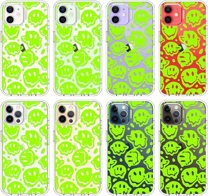 MOSNOVO Case for iPhone 12 & iPhone 12 Pro, [Buffertech 6.6ft Military-Grade Drop Protection] [Anti Peel Off Tech] Clear TPU Bumper Phone Case Cover Design - Distorted Green Smiles Face
