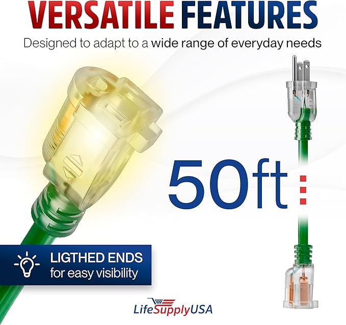 50ft Outdoor/Indoor Extension Cord 14/3 Gauge Heavy Duty 3 Prong SJTW, Waterproof, Flexible Cold-Resistant Long Power Cord,15A 125V 1875W, Green by LifeSupplyUSA