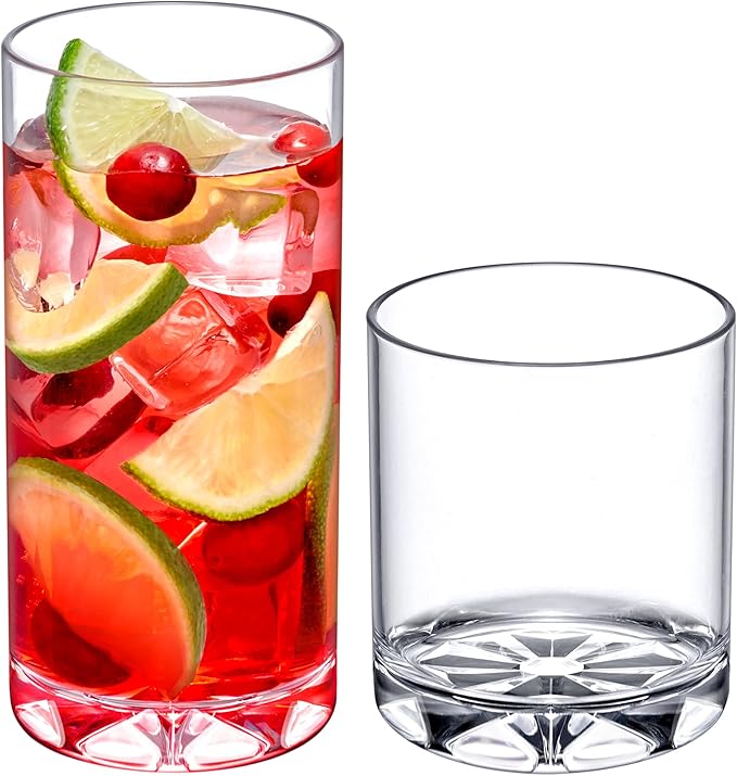 Amazing Abby - Liberty - 12-Ounce and 16-Ounce Plastic Tumblers (Set of 16), Plastic Drinking Glasses, All-Clear Reusable Plastic Cups, BPA-Free, Shatter-Proof, Dishwasher-Safe