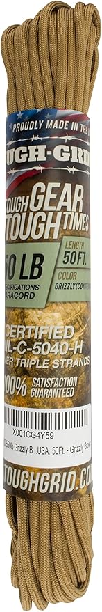 TOUGH-GRID 550 Paracord, Type III Mil-Spec Nylon Rope - 50 Ft Grizzly Brown Tactical Survival Cord