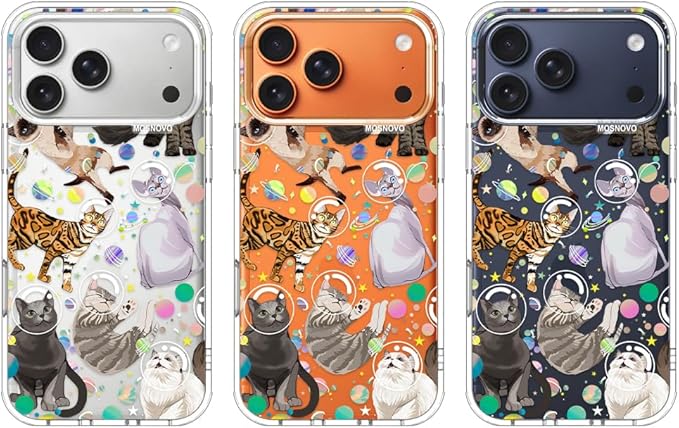 MOSNOVO for iPhone 17 Pro Max Case | Military Grade 6.6ft Drop Tested | Camera Control | Clear with Space Cat Design