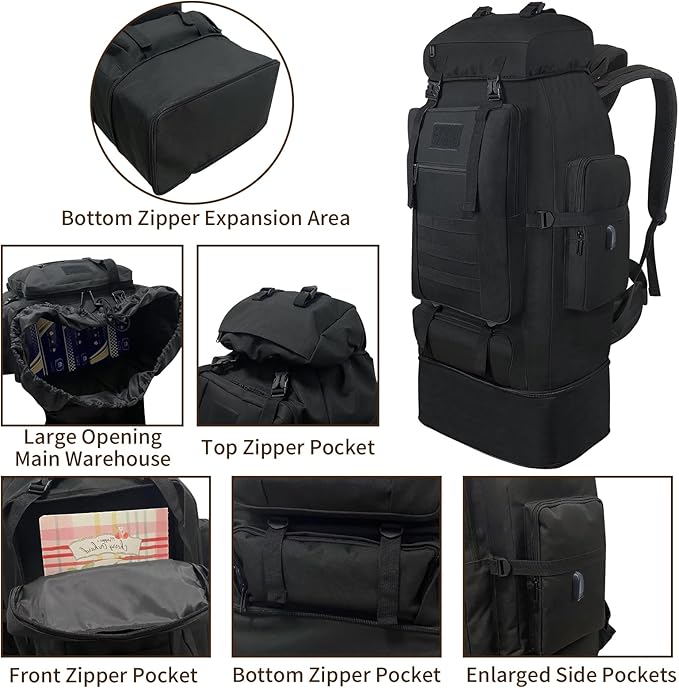 70L/100L Hiking Backpack with USB Charging Port, Expandable Large Military Tactical Backpack, Waterproof MOLLE Rucksack Travel Backpacking Daypack for Camping Climbing (Black)
