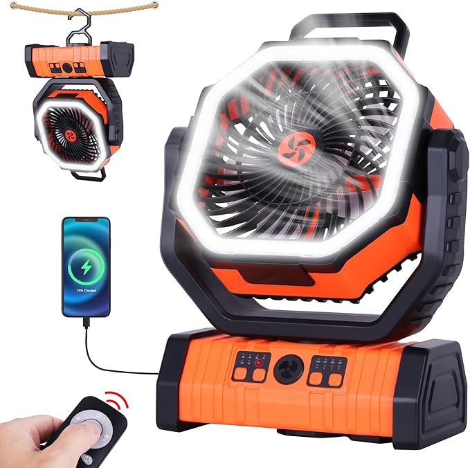 20000mAh Emergency Battery Powered Fan & LED Light, Battery Operated Rechargeable Fan for Power Outage, Car Defrosting, Indoor Use with 360° Oscillating & Hook, 8H Timer, Portable Camping Fan