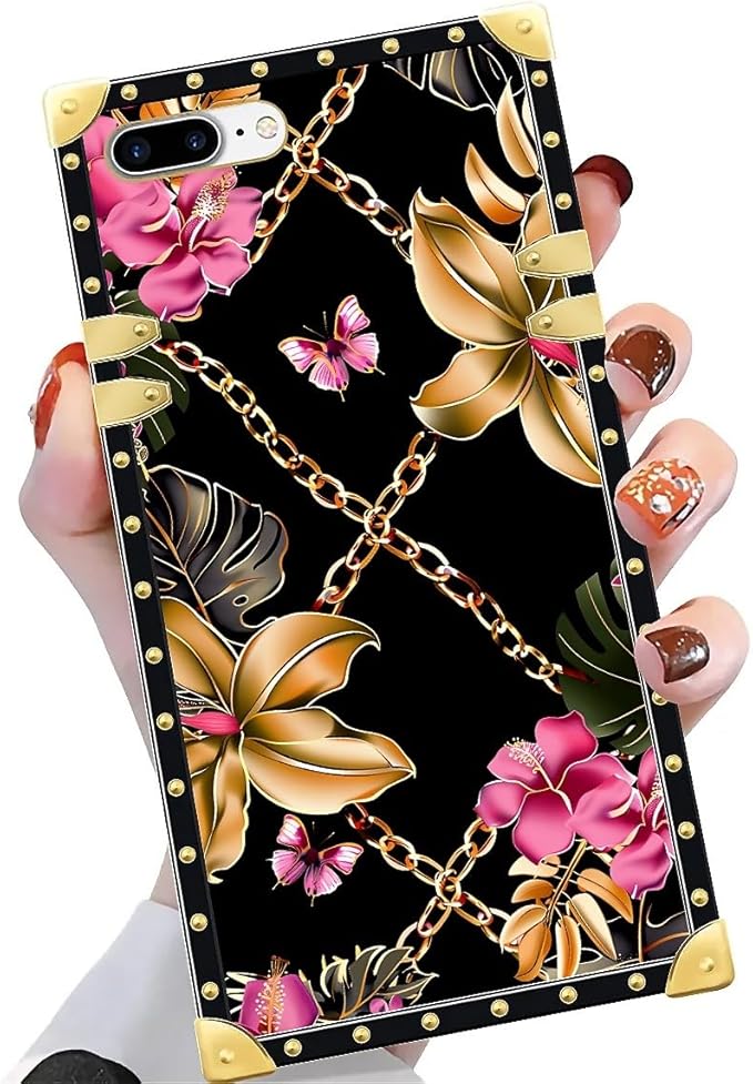 Compatible with iPhone 8 7 SE Case, Pink Golden Chain Tropical Flower Luxury Golden Decoration for Girl Women Soft TPU Shockproof Protective Hard PC Back for iPhone 8 7 SE