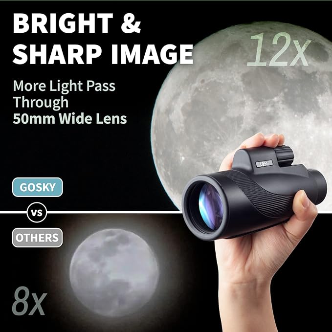 Gosky Titan 12X50 Monocular Telescope with Smartphone Holder - Waterproof Fog-Proof Shockproof Scope BAK-4 Prism FMC for Bird Watching Hunting Camping Traveling Wildlife Scenery